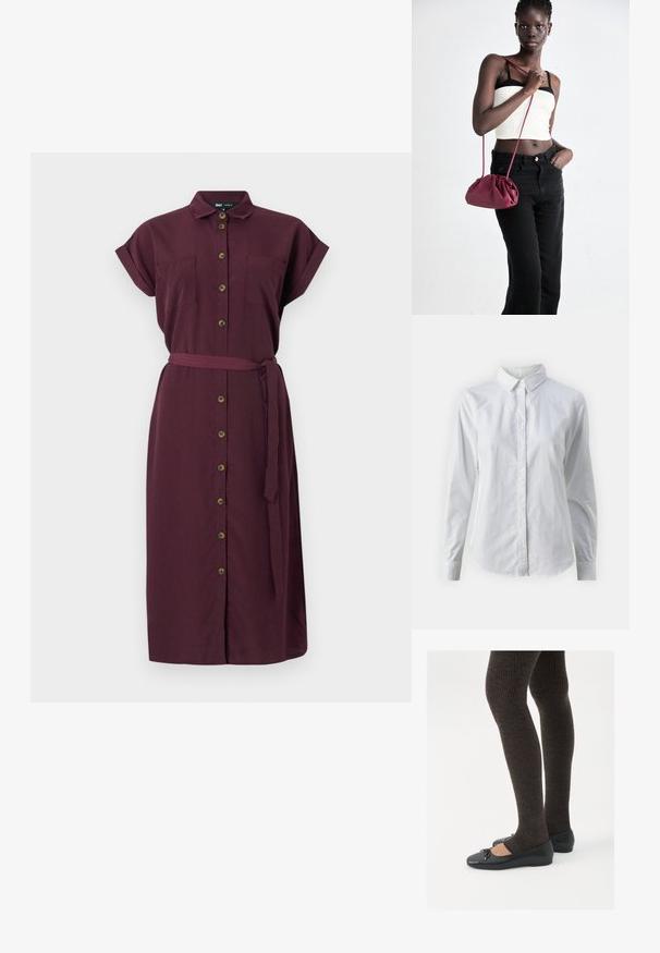 Bordeaux knopenoverhemd jurk met korte opgerolde mouwen, twee voorzakken, een stoffen riem en een rechte pasvorm. Gemaakt van een gestructureerd materiaal.; Witte overhemd met knopen van glad katoen, met een klassieke kraag, lange mouwen en een afgeronde zoom. De knopen zijn klein en wit.; Zwarte platte schoenen met een kleine strikdetail op de neus, gecombineerd met donkerbruine geribbelde panty’s. De schoenen hebben een gladde textuur en een lage profiel.; Bordeaux zachte stoffen handtas met een geplooid ontwerp en een lange schouderband, crossbody gedragen. Model draagt een witte crop top en zwarte jeans.