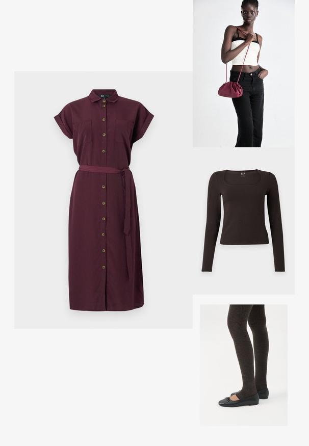 Burgundské košilové šaty s krátkými ohrnutými rukávy, dvěma předními kapsami, látkovým páskem a rovým střihem. Vyrobené z texturovaného materiálu.; Černý dlouhý rukáv, přiléhavý top se čtvercovým výstřihem, označený značkou GAP, vystavený na bílém pozadí.; Černé ploché boty s malou mašlí na špičce, kombinované s tmavě hnědými žebrovanými punčochami. Boty mají hladký povrch a nízký profil.; Burgundská měkká taška s nabíraným designem a dlouhým popruhem, nošená přes tělo. Model má na sobě bílý crop top a černé džíny.