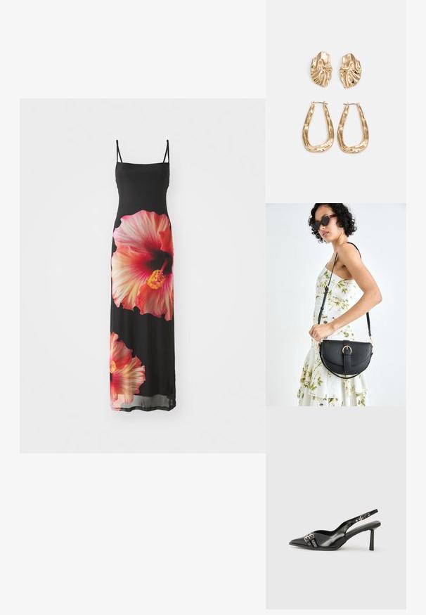 Vestido maxi preto com alças finas, apresentando grandes estampas florais de hibisco rosa e laranja na parte da frente. Tecido liso e leve.; Sapato slingback preto em pele patentada com bico apontado, tiras no tornozelo apresentando fivelas e acessórios prateados, e um salto elegante.; Bolsa de couro preta com forma curva, alça destacável e detalhes em dourado. A bolsa possui uma aba com detalhe de fivela.; Brincos em tom de ouro com formas onduladas e texturizadas. Inclui studs escultóricos com presilha e um design de argola aberta com um acabamento martelado.