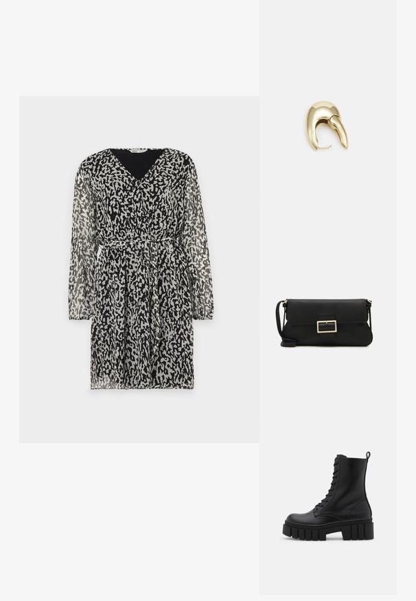 Doorschijnende zwarte jurk met een abstract witte en grijze luipaardprint, V-halslijn, lange mouwen en een ceintuur voor een mooie pasvorm.; Zwarte leren enkelboot met een chunky, gegroefd zool, vetersluiting aan de voorkant en een trekband op een gladde witte achtergrond.; Zwarte leren clutch met een klep en een gouden metalen sluiting. Inclusief een zwarte schouderband en een slank, minimalistisch ontwerp.; Gouden metalen oorbel met een slank, gebogen ontwerp. Beschikt over een kenmerkende puntige vorm, gepolijste oppervlakte en scharnier sluiting.