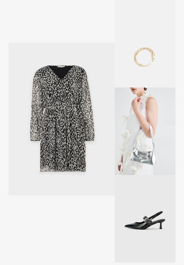 Durchsichtiges schwarzes Kleid mit einem abstrakten weißen und grauen Leopardenmuster, V-Ausschnitt, langen Ärmeln und einem taillierten Design mit Gürtel.; Schwarze Lackleder Slingback-Absätze mit spitzem Zeh und kleinem Blockabsatz, ausgestattet mit einem silbernen Schnallenakzent am Riemen.; Silberne metallische Handtasche mit strukturierter Form, ausgestattet mit einem oberen Griff und einer Schleifenapplikation auf der Vorderseite. Glatte Textur, reflektierendes Finish.; Goldfarbener Ring mit einem organischen, gedrehten Design, glatter Oberfläche und sich verjüngenden Enden, was ein modernes, skulpturales Erscheinungsbild erzeugt.