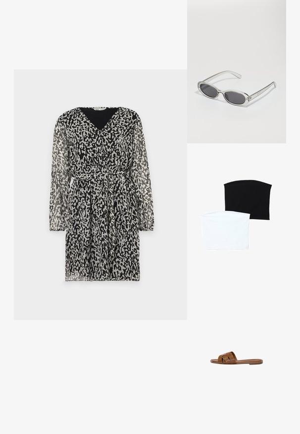 Prosojna črna obleka z abstraktnim belim in sivim leopardjim vzorcem, V-izrezom, dolgimi rokavi in pasom za oblikovanje.; Dve brezšivne cevi šali: ena črna in ena bela. Obe sta izdelani iz mehkega, raztegljivega materiala in imata gladko teksturo brez vzorcev.; Rjav usnjeni natikač s prečnimi trakovi, ravnim podplatom in gladko teksturo. Preprost dizajn brez okraskov ali vzorcev.; Sončna očala ovalne oblike, prozoren plastičen okvir, temno sivi leči in tanke prozorne roke z logotipnimi akcenti in minimalnimi detajli.
