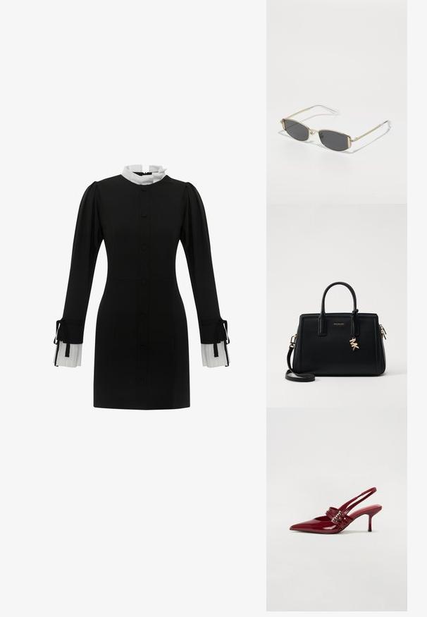 Abito nero con colletto bianco alto, chiusura anteriore con bottoni e maniche lunghe con polsini bianchi plissettati e lacci. Texture del tessuto liscia.; Décolleté slingback in vernice rossa con punta affusolata, due cinturini con fibbia e un sottile tacco a stiletto di media altezza. Texture liscia.; Occhiali da sole in metallo dorato con forma ovale, lenti grigio scuro e aste trasparenti. Presentano dettagli decorativi sulla montatura.; Borsa a tracolla in pelle nera con design strutturato, manici superiori doppi, tracolla rimovibile, accessori in oro e charm con logo.