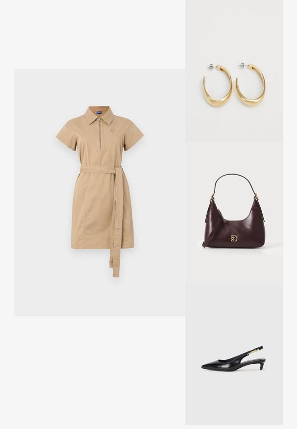 Krátké šaty s krátkými rukávy vyrobené z bavlny, s zipovým výstřihem a odpovídajícím páskem z látky. Rovnému střihu dominuje decentní logo.; Černé kožené boty na podpatku s otevřenou patou a špičatou špičkou, s tenkým podpatkem a zlatým akcentem na nastavitelném pásku. Hladký povrch.; Burgundské kožené kabelka s zakřiveným tvarem, zlaté detaily na kovových prvcích a zipovým uzávěrem. Obsahuje odnímatelný ramenní popruh.; Zlaté kroužkové náušnice s hladkým, zakřiveným designem. Vyrobené z kovu, mají elegantní povrchovou úpravu a uzávěr s hrotem.