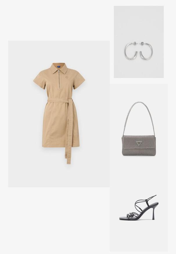 Tan spalvų trumpomis rankovėmis suknelė, pagaminta iš medvilnės, turinti užtrauktuką ant kaklo ir atitinkančią medžiagą diržą. Tiesus kirpimas su subtiliu logotipo detaliu.; Juodos aukštakulnės sandalai pasižymi plonyčiais dirželiais su mazgo dizainu, lygiu kvadratiniu pirštu ir elegantišku stiletto kulnu.; Šviesiai pilka metalinė rankinė su grandinėlės dirželiu, papuošta mažais apvaliais metaliniais smeigėmis ir trikampiu prekės ženklu.; Sidabrinės auskarai žiedai su lygiu, blizgiu paviršiumi. Suapvalinta forma, lengvas dizainas, su uždarymu ant smeigtuko.