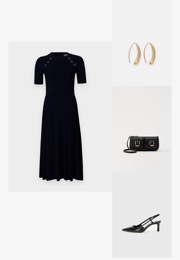 Vestuário riscado azul-marinho com mangas curtas, corpete ajustado, saia evasê e seis botões dourados decorativos nos ombros. Fecho com zíper nas costas.; Salto slingback em patente preta com bico apontado, apresentando um padrão de pele de cobra texturizado, tira ajustável e um salto bloco curto e texturizado.; Bolsa de ombro em couro preto com dois bolsos frontais, fivelas douradas, fecho de zíper e uma alça fina. Superfície texturizada e forma retangular compacta.; Brincos em metal dourado com forma de arco alongado e curvado. Apresentam uma superfície lisa e brilhante, com uma ponta arredondada para um detalhe adicional.