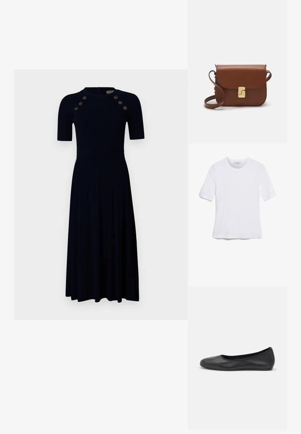 Robe bleu marine côtelée à manches courtes, corsage ajusté, jupe évasée et six boutons dorés en accent aux épaules. Fermeture éclair au dos.; T-shirt blanc à manches courtes en tissu côtelé. Col rond, coupe régulière et détails de couture subtils. Aucune motif ni graphique.; Ballerines en cuir noir avec un bout rond, texture lisse, détails de couture minimalistes et design de semelle flexible.; Sac à main en cuir marron avec une fermeture à rabat, des accents en métal doré, une bandoulière et une texture lisse. Forme rectangulaire compacte.