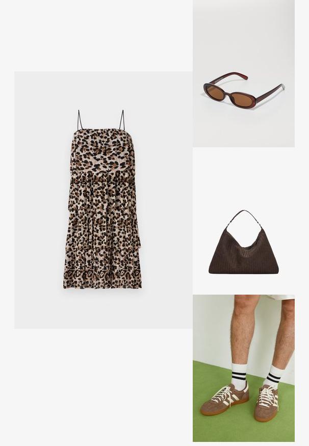 Rochie vara plisată în bej cu imprimeu de leopard în nuanțe de negru și maro, având bretele subțiri negre și un design stratificat pentru un plus de textură.; Adidași maro din suede cu accente și șireturi albe. Talpă din cauciuc de culoare caramel. Purtați cu șosete albe cu dungi negre. Pardoseală verde texturată.; Ochelari de soare rotunzi, cu nuanțe de brown și cu un cadru lucios de burgund. Brațe subțiri cu detalii subtile de branding. Design cu lentile plate.; Geantă din piele împletită, de culoare maro, cu o formă triangulară, lejeră. Are un mâner împletit și închidere cu fermoar pe partea superioară.