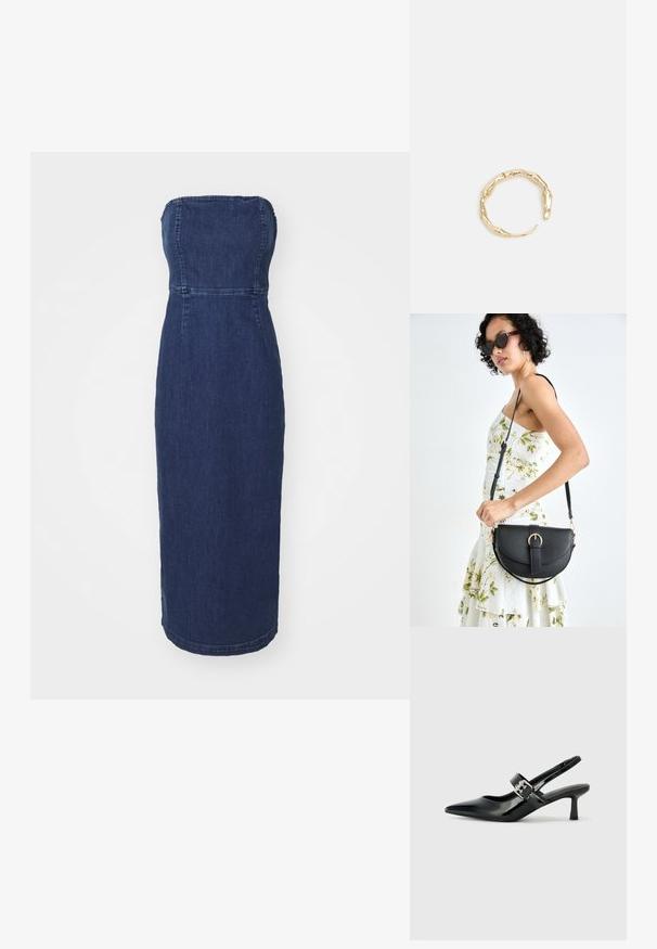 GAP STRAPLESS MIDI - Denimové šaty - medium wash; Čierne patentové kožené sandále na podpätku so špicatou špičkou a malým blokovým podpätkom, s dekoratívnou striebornou sponou na remienku.; Čierna kožená kabelka s zaobleným tvarom, odnímateľným popruhom a zlatými doplnkami. Kabelka má klopu s detailom s prackou.; Prsteň v zlatej farbe s organickým, skrúteným dizajnom, hladkým povrchom a zužujúcimi sa koncami, vytvárajúci moderný, sochársky vzhľad.