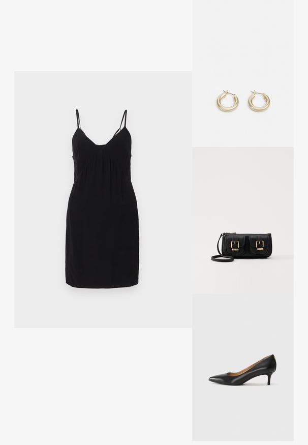 Black, sleeveless dress with a V-neckline, featuring gathered details under the bust and a straight fit. Made of smooth fabric.; Black leather pump with a pointed toe, low heel, and a smooth texture. Features a slight opening at the front and minimal hardware at the back.; Black leather crossbody bag with two front pockets, gold buckles, zipper closure, and a slim strap. Textured surface and compact rectangular shape.; Lauren Ralph Lauren BASIC SMALL HOOP - Earrings - gold-coloured