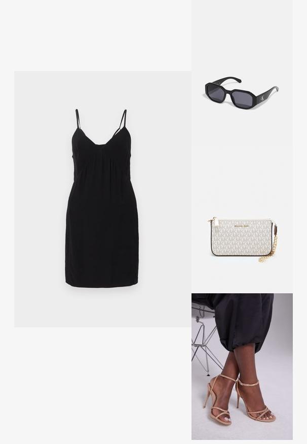 Schwarzes, ärmelloses Kleid mit V-Ausschnitt, das unter der Brust geraffte Details aufweist und eine gerade Passform hat. Hergestellt aus glattem Stoff.; Beige High-Heelsandalen mit Kristallverzierungen, offen an den Zehen, dünnen Riemen und einer eleganten Silhouette.; Schwarze Sonnenbrille mit achteckigem Rahmen, dunklen Gläsern, glänzendem Kunststoffmaterial und einem silbernen Logoakzent auf einer Seite.; Michael Kors Clutch in beige beschichtetem Canvas mit einem wiederholten MK-Logo-Muster, goldfarbener hardware und einem abnehmbaren Kettenriemen.; Goldfarbene metallische Ohrringe mit einem wellenförmigen Design; glatte, reflektierende Oberfläche; asymmetrische Form; keine sichtbaren Muster oder Hardware.