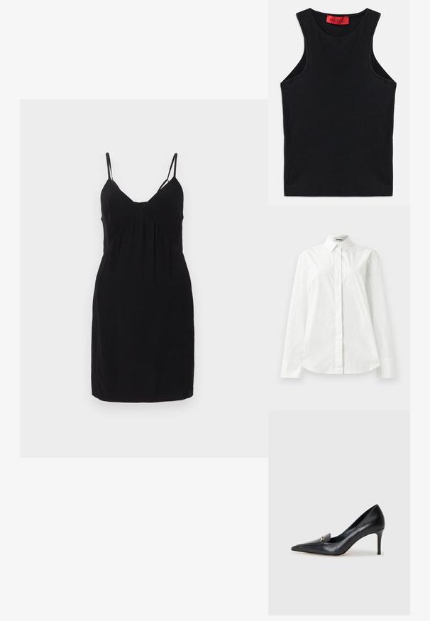 Schwarzes, ärmelloses Kleid mit V-Ausschnitt, das unter der Brust geraffte Details aufweist und eine gerade Passform hat. Hergestellt aus glattem Stoff.; Weißes Baumwollhemd mit langen Ärmeln, spitzen Kragen, Knopfverschluss vorne und abgerundetem Saum. Glatte Textur, normale Passform und keine Muster.; Schwarzes ärmelloses Oberteil aus weichem Baumwollstoff. Mit Rundhalsausschnitt und normalem Saum. Einfaches Design, ohne sichtbare Muster oder Akzente.; Schwarzer Lederpumps mit spitzer Zehe, niedrigem Vamp und dekorativem goldenen Akzent. Verfügt über einen Stiletto-Absatz und eine glatte Textur.