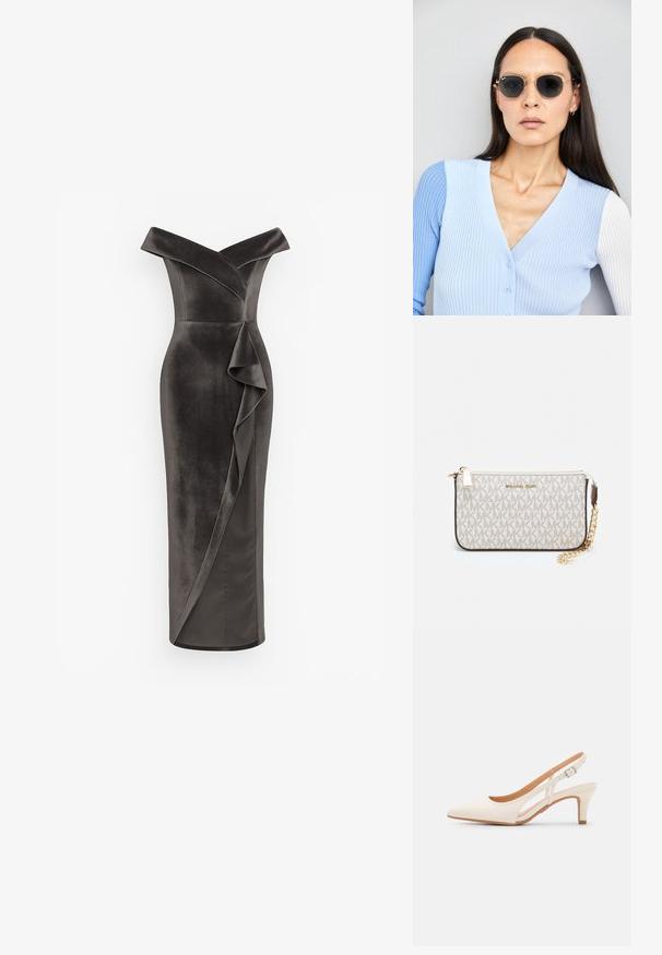 Sötétszürke vállakon áttesztett ruha, sima anyagból, testhez simuló szabással és az elején végigfutó oldalsó fodros részlettel.; Fehér slingback sarok, hegyes orral, sima felső anyaggal, alacsony blokk sarkával és oldalsó kivágott dizájnnal, állítható csatpánttal.; Kerek napszemüveg sötét lencsékkel és arany kerettel. A modellen világoskék, bordázott kardigán van gombokkal és kontrasztos fehér ujjaival.; Michael Kors bézs bevonatos vászon karkötő, amely ismétlődő MK logó mintával, aranyszínű fémrészletekkel és levehető lánchordóval rendelkezik.
