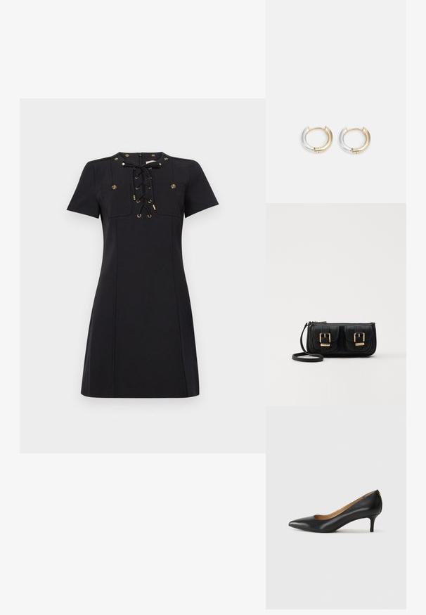 Lyhyt musta mekko, jossa on pyöreä kaula-aukko, lyhyet hihat, nauhakiinnitys edessä kultaisilla aksenteilla ja kaksi koristeellista rintataskua.; Mustat nahka-korkokengät, joissa on terävä kärki, matala korko ja sileä pinta. Edessä on pieni aukko ja takana minimaalinen varustus.; Musta nahkainen olkalaukku, jossa on kaksi etutaskua, kultaiset soljet, vetoketjukiinnitys ja kapea hihna. Teksturoidun pinnan ja kompaktin suorakaiteen muoto.; Kullanıma uygun, pürüzsüz kıvrımlı tasarıma sahip, kaynaşma kapamalı altın ve gümüş halka küpeler, karışık metalik bir bitişe sahiptir.