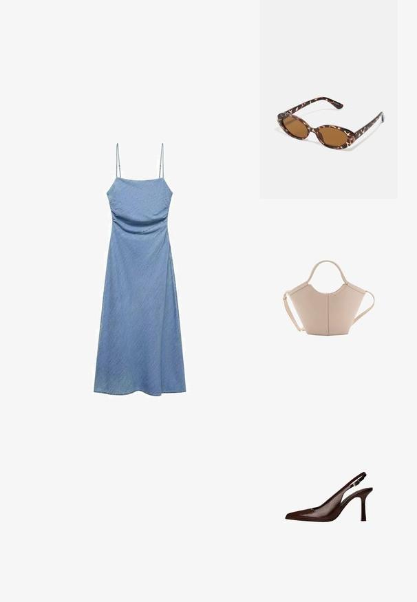 Vaaleansininen farkumekko, jossa on ohuet säädettävät hihnat, tiukka yläosa ja ilmava A-linjainen helma. Sileä pinta, jossa on hieno kiilto.; Kastanjan värinen nahkainen slingback-korkokenkä, jossa on terävä kärki ja ohut korko. Kengässä on pieni korostussolki vyössä ja kiiltävä pinta.; Kameleontin kuorilla varustetut aurinkolasit, joissa on ovaalit linssit, ruskeat sävyt, ohuet, tekstuurilla varustetut varsiosat ja kevyet muovikehykset.; Vaaleanbeige nahkainen käsilaukku, jossa on ainutlaatuinen muoto, varustettuna kahdella lyhyellä kahvalla ja yhdellä pitkällä säädettävällä hihnalla. Sujuva pinta ja vähän metalliosia.