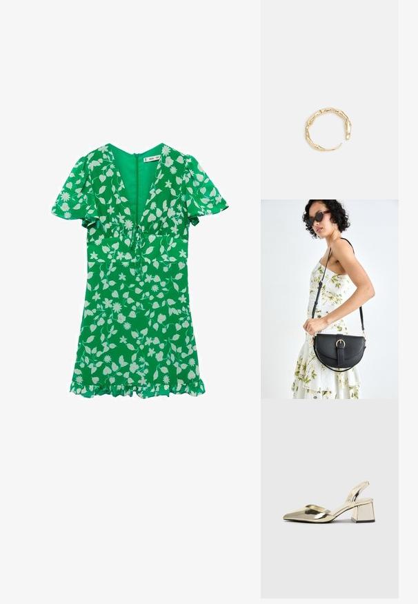 Zelena cvjetna haljina s kratkim napuhanim rukavima, v-izrezom, nabranoj strukom i volanima na rubu. Uzorak sadrži bijele cvjetove i lišće.; Zlatni metalik slingback sandali s šiljatim vrhom i debelim potpeticama. Glatka tekstura, minimalistički dizajn i uski remen.; Crna kožna torba s lukovitim oblikom, odvojivim remenom i zlatnim detaljima. Torba ima preklop s kopčom.; Prsten u zlatnoj nijansi s organskim, uvijenim dizajnom, glatkom teksturom i suženim krajevima, koji stvara moderan, skulpturalni izgled.