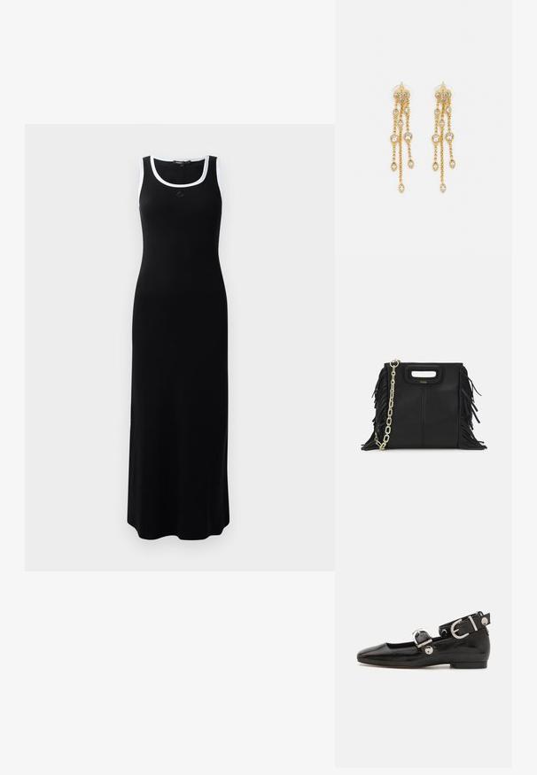 Czarna, prążkowana sukienka maxi z okrągłym dekoltem i białym wykończeniem na ramionach. Charakteryzuje się dopasowanym krojem i miękką fakturą.; Czarne lakierowane baleriny z kwadratowym noskiem, z paskiem na kostkę z metalowymi elementami w kolorze srebrnym oraz płaską podeszwą. Gładka textura i minimalistyczny design.; Czarna skórzana torebka na ramię z frędzlami, złotym łańcuszkiem oraz wyciętym uchwytem. Posiada umieszczone na przodzie logo.; Złote kolczyki z wieloma kaskadowymi łańcuszkami, z przezroczystymi owalnymi akcentami z rhinestone'ów oraz ozdobnymi sztyftami.