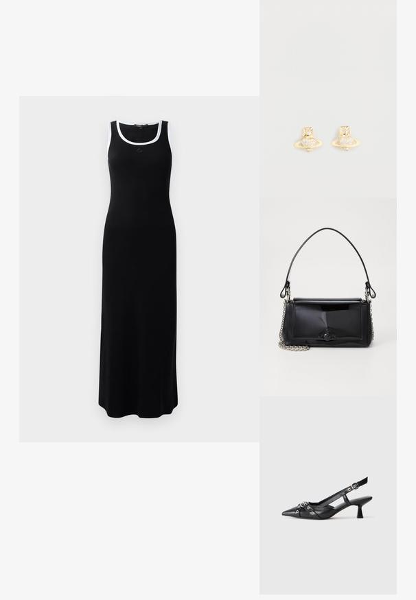 Svart ribbad maxiklänning med rundad halsringning och vit kant på axlarna. Har en formsydd silhuett och mjuk textur.; Svart lädersko med slingback-design, spetsig tå, dekorativa remmar med metallöglor och en låg klack. Texturerad yta.; Svart lackläderhandväska med rektangulär form, kedjestropp och en distinkt hårdvaruaccent i mitten. Slät textur.; Guldtonade studörrhängen med en Saturn-design, en texturerad band och inlagda cirkulära kristaller för extra glans.