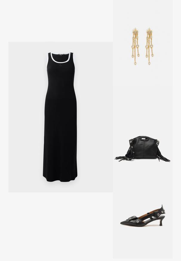Schwarzes, geripptes Maxikleid mit Rundhalsausschnitt und weißen Besätzen an den Schultern. Hat eine figurbetonte Silhouette und eine weiche Textur.; Schwarze Leder-Slingback-Schuhe mit spitz zulaufender Zehenpartie, dekorativen Schlaufen, einem niedrigen Kitten-Heel und ausgeschnittenem Seitendesign.; Maje MISS MINI - Umhängetasche - noir; Goldtonige Ohrringe mit mehreren kaskadierenden Ketten, verziert mit klaren ovalen Strasssteinen und dekorativen Ohrsteckern.