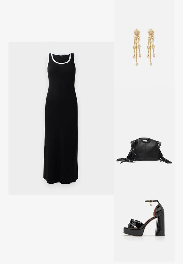 Mustmustärgne maxi kleit, millel on sügava kaelusega lõige ja valge ääristus õlgadel. Omab sihvat siluetti ja pehmet tekstuuri.; Maje Kõrge kontsaga sandaalid - noir; Maje MISS MINI - Ülerinna-kott - noir; Kuldne tooni kõrvarõngad mitme voolava ahelaga, millel on selged ovaalsed rhinestone aktsendid ja dekoratiivsed stud-tippud.
