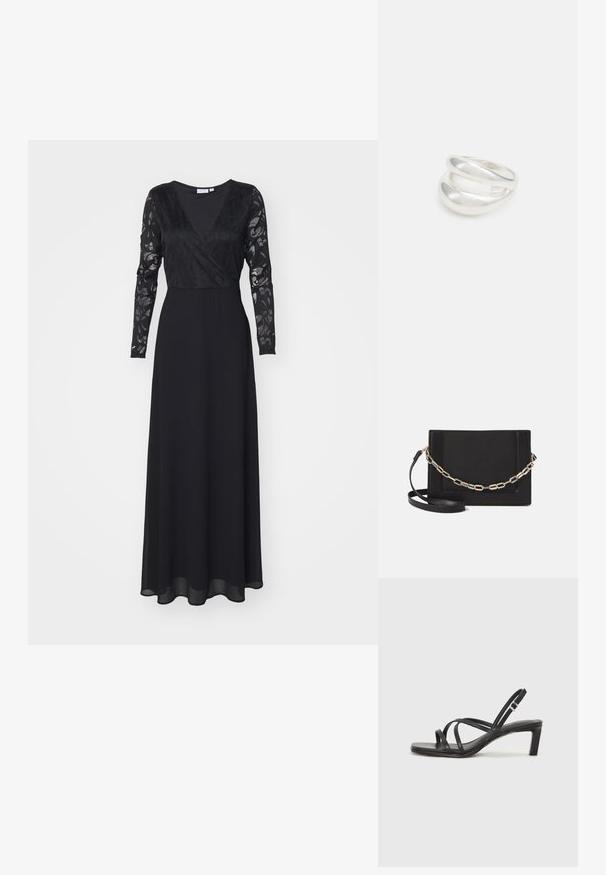 Melna garām piedurknēm kleita ar V veida kakla izgriezumu, mežģīņu korpusu un plūstošu svārku. Iespējas ar teksturētām garām piedurknēm un pieguļošu jostu.; Melnas strappy sandales ar kvadrātveida purngaliem un zemu bloku papēdi. Ievērojamas ar vairākiem plāniem siksniņām un regulējamu potītes siksniņu. Izgatavotas no gludas ādas.; Melna ādas crossbody soma ar gludu faktūru, taisnstūrveida formu un metalizētu ķēdes detaļu priekšā. Iekļauta regulējama siksna.; Sudraba divu joslu gredzens ar gludu, pulētu virsmu. Iezīmējas ar plūstošu, izliekta dizaina struktūru ar pārklājošām sekcijām modernam izskatam.