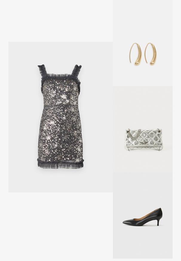 Vestido negro de lentejuelas sin mangas con tirantes con volantes y un dobladillo con flecos, con una silueta ajustada y una textura brillante.; Zapato de tacón negro de cuero con punta afilada, tacón bajo y textura suave. Presenta una ligera apertura en la parte frontal y un hardware minimalista en la parte trasera.; Bolso de mano metálico plateado con asa de cadena, textura acolchada, costura decorativa y cierre de cremallera. Presenta detalles en relieve en la parte frontal.; Pendientes de aro de metal en tono dorado con una forma curva y alargada. Presentan una superficie lisa y brillante y una punta redondeada para mayor detalle.