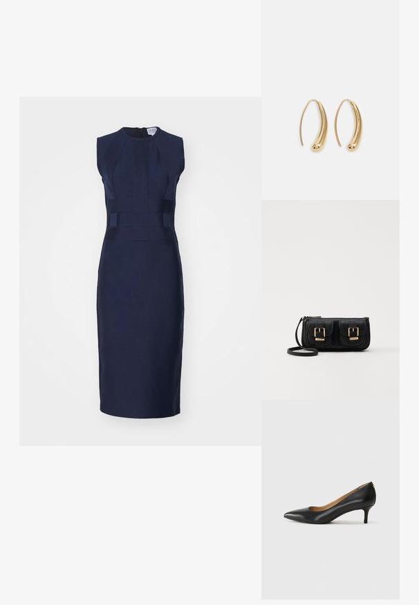 Tmavě modré přiléhavé šaty s kulatým výstřihem, krátkými rukávy a geometrickými panely. Vyrobené z texturované tkaniny, hladký povrch, do kolen.; Černé kožené lodičky s špičatou špičkou, nízkým podpatkem a hladkým povrchem. Mají mírné otevření vpředu a minimální kovové prvky na zadní straně.; Černá kožená crossbody taška se dvěma předními kapsami, zlatými přezkami, zipovým uzávěrem a štíhlým popruhem. Texturovaný povrch a kompaktní obdélníkový tvar.; Náušnice ve tvaru kruhu z pozlaceného kovu s vroubkovaným, prodlouženým tvarem. Mají hladký, lesklý povrch a zaoblený konec pro zvýraznění detailu.