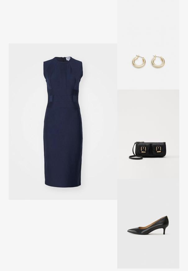 Abito fitted blu navy con scollatura rotonda, maniche a cappuccio e dettagli geometrici nei pannelli. Realizzato in tessuto testurizzato, con finitura liscia, lunghezza al ginocchio.; Décolleté in pelle nera con punta affilata, tacco basso e texture liscia. Presenta un leggero apertura sulla parte anteriore e hardware minimale sul retro.; Borsa a tracolla nera in pelle con due tasche frontali, fibbie dorate, chiusura con zip e una tracolla sottile. Superficie texturizzata e forma rettangolare compatta.; Lauren Ralph Lauren BASIC SMALL HOOP - Orecchini - gold-coloured