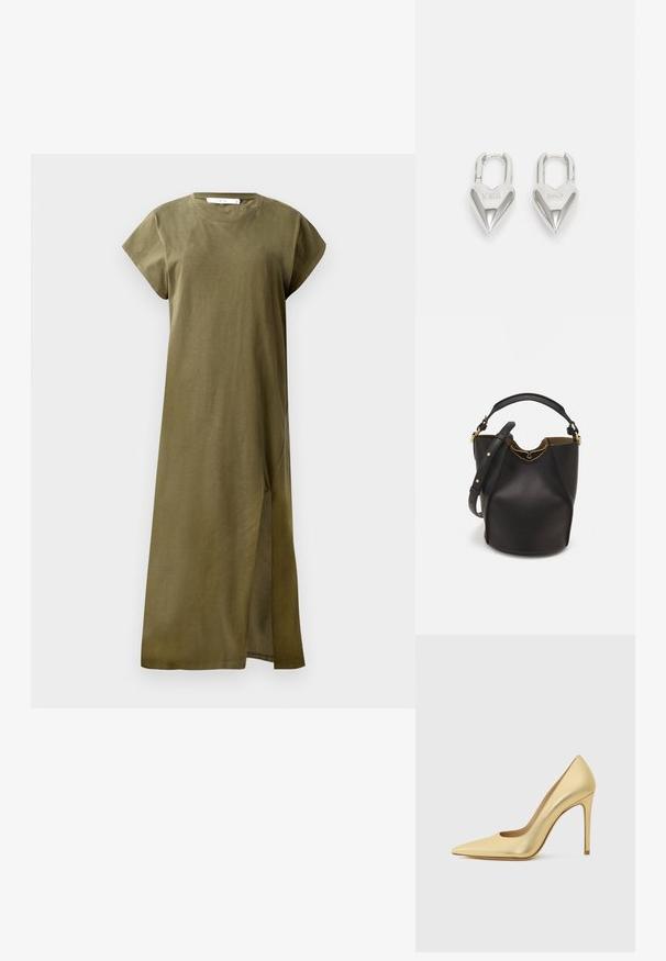 Olivovo zelené šaty po kolená vyrobené z mäkkého bavlneného materiálu s krátkymi rukávmi, okrúhlym výstrihom a bočným rozparkom pre pohodlnosť. Jednoduchý a nezdobený dizajn.; Zlaté metalické lodičky s špicatou špičkou a stiletto podpätkom, zobrazené z boku na jednoduchom svetlom pozadí.; Čierna kožená vedro taška s textúrovaným povrchom, zlatými kovovými detailami a otvoreným vrcholom. Obsahuje krátku rukoväť a nastaviteľný ramenný popruh.; Strieborné zámky v tvare srdca so vygravírovanými nápismi "ÁNO" a "NIE", leštený povrch, symetrický dizajn a robustný kovový uzáver.