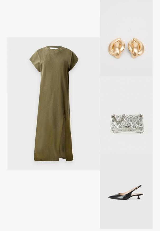 Olivově zelené šaty po kolena vyrobené z jemné bavlny, s krátkými rukávy, kulatým výstřihem a bočním rozparkem pro lepší pohyb. Jednoduchý a nezdobený design.; Černé kožené lodičky na malém podpatku s špičatou špičkou a zlatou sponou na bočním pásku, na bílém pozadí.; Stříbrná metalická kabelka s řetízkem, prošívanou texturou, dekorativním stehem a zipovým uzávěrem. Obsahuje embosované detaily na přední straně.; Náušnice ve zlatém tónu z kovu s točeným designem a hladkým, lesklým povrchem a zaoblenými tvary. Každá měří přibližně 5 cm.