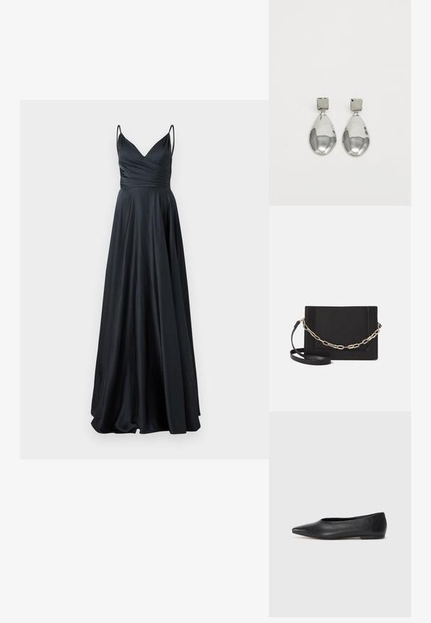 Rochie de seară din satin negru cu decolteu în V, corset ajustat, bretele îngroșate și fustă în formă de A, fluidă. Textură netedă și elegantă.; Balerini din piele neagră, vârf ascuțit, design minimalist, textură netedă, toc de mică înălțime, fără hardware sau embellishments vizibile.; Geantă de umăr din piele neagră, cu o textură netedă, formă rectangulară și un detaliu din lanț metalic în față. Include curea reglabilă.; Cercei din argint cu stud pătrat, având un finisaj neted și lustruit, într-o formă de lacrimă, care reflectă lumina cu o suprafață lucioasă.