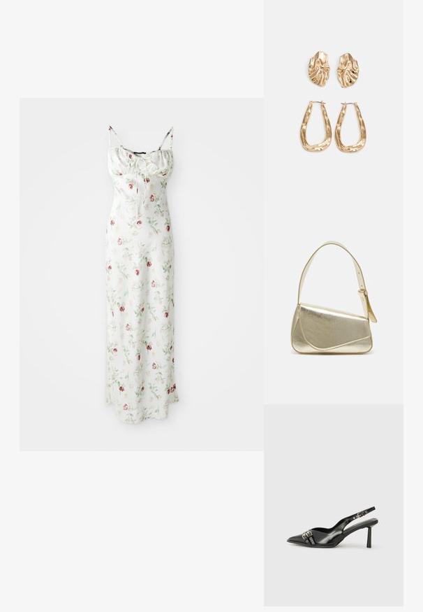 Ilga, balta suknelė su gėlių raštu rožinės ir žalios spalvos atspalviuose. Suknelė turi reguliuojamas spaghetti petnešas ir susiraukšlėjusią krūtinę su laisvu siluetu.; Juodas lakuotas odinis batelis su smailiu pirštu, kulkšnies dirželiais su sidabrinėmis sagtimis ir detalėmis, bei plonu kulnu.; Aukso metalinės rankinės su struktūrizuotu dizainu, lygaus paviršiaus ir reguliuojama dirželiu. Pasižymi unikaliu trikampiu pavidalu ir minimalizmu siuvinėjime.; Auksinės auskarai, turintys tekstūruotus, bangų formos elementus. Įeina skulptūriniai segami auskarai ir atviri lankai su išmuštu paviršiumi.