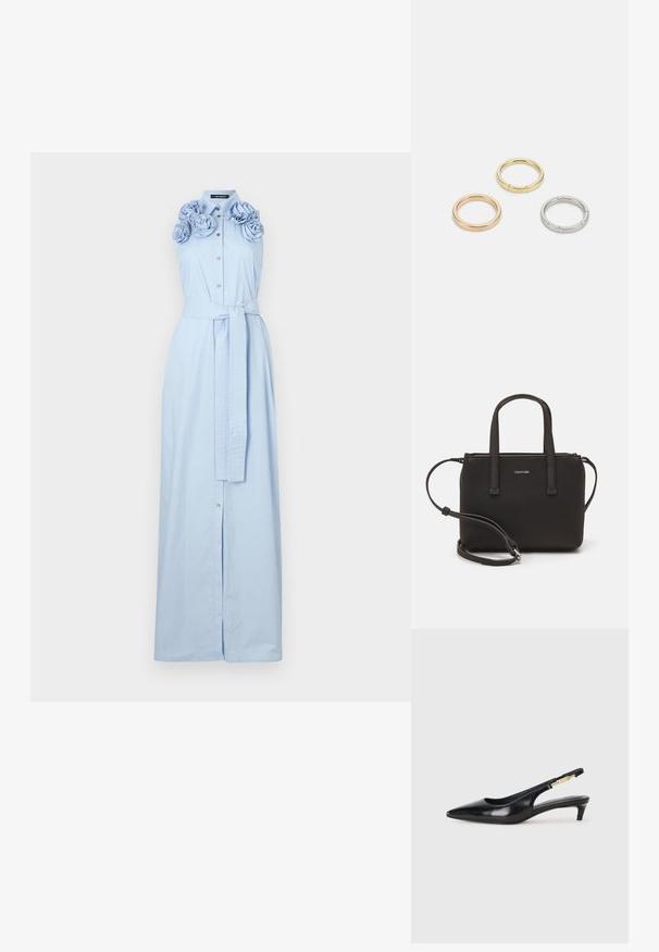 Gaiši zila bezpiedurkņu kleita ar ziedu aplikācijām plecos, pogām priekšpusē un sasietu jostu jostasvietā. Gara, plūstoša dizaina.; Melnas ādas slingback zābaki ar smailu purngalu, ar šauru papēdi un zelta krāsas akcentu uz regulējama siksniņas. Gluda tekstūra.; Melns roku soma ar divām īsām rokturiem un noņemamu plecu siksnu. Gluda ādas līdzīga materiāla ar rāvējslēdzēja aizdari un logos detaļu.; Trīs metāla gredzeni: viens rozā zeltā, viens zeltā ar teksturētiem akcentiem un viens sudraba, visiem ar iegravētām zīmola atzīmēm iekšējā joslā.