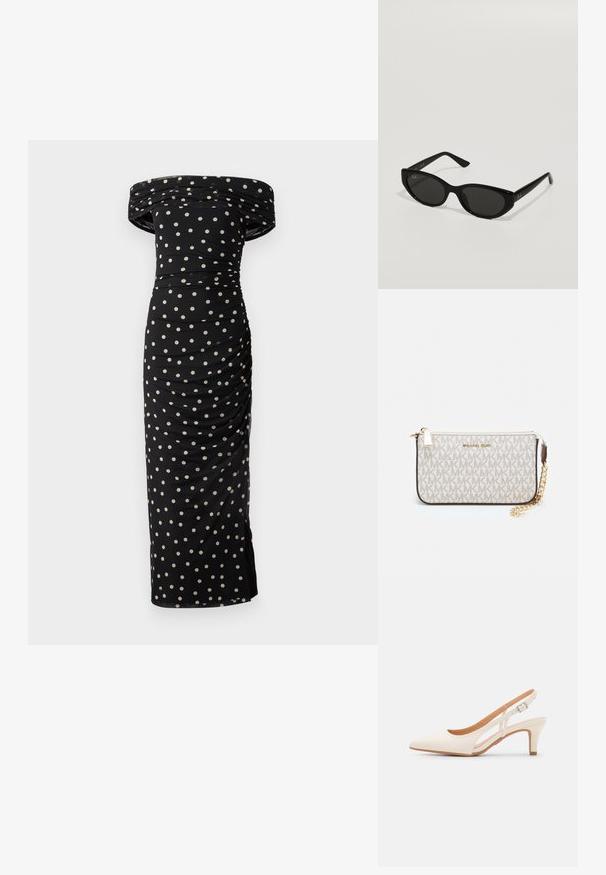 Rochie neagră cu umerii descoperiți, cu buline crem, cu detalii plise și o siluetă ajustată, care ajunge sub genunchi.; Sandaie cu toc alb, cu vârful ascuțit, material superior neted, toc mic tip bloc și design cu decupaj lateral, cu curea ajustabilă.; Ochelari de soare negri cu o formă subțire, stil cat-eye. Realizați din plastic neted, având lentile întunecate și accente subtile cu logo pe brațe.; Clutch Michael Kors din canva acoperit bej, cu un model repetitiv al logo-ului MK, accesorii din aur și o curea cu lanț detașabil.