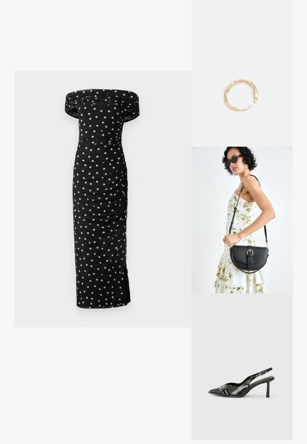 Abito nero scollato con pois crema, con dettagli arricciati e una silhouette aderente, che arriva sotto il ginocchio.; Scarpa slingback in vernice nera con punta affusolata, cinturini alla caviglia con fibbie in argento e accessori, e tacco sottile.; Borsa a tracolla nera in pelle con una forma curva, manico rimovibile e accessori dorati. La borsa presenta una patta con un dettaglio a fibbia.; Anello in tono oro con un design organico e Twisted, caratterizzato da una superficie liscia e punte affusolate, che crea un aspetto moderno e scultoreo.