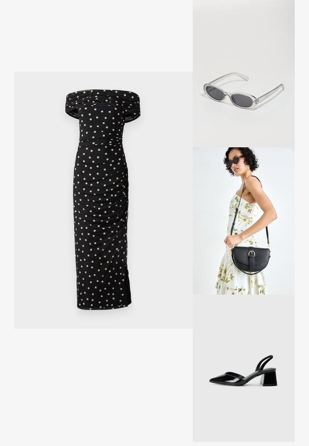 Robe noire décolletée avec des pois crème, présentant des détails froncés et une silhouette ajustée, atteignant en dessous du genou.; Escarpins en cuir verni noir avec bout pointu et talon bloc géométrique. Présente un design élégant et minimaliste ainsi qu'une texture lisse.; Lunettes de soleil de forme ovale, monture en plastique transparent, verres gris foncé et branches transparentes fines avec des accents de logo et un minimalisme dans les détails.; Sac à main en cuir noir avec une forme courbée, bandoulière amovible et des accessoires en or. Le sac est doté d'un rabat avec un détail de boucle.