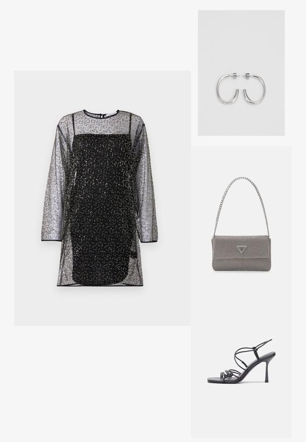 Čierne sieťované šaty s dlhými rukávmi, ozdobnými vzormi zlatých a strieborných korálok, a priliehavou čiernou podšívkou. Zaoblený výstrih a uzáver na zadnej strane.; Čierne sandále na vysokom podpätku majú tenké remienky s uzlovým dizajnom, hladký štvorcový špičku a elegantný stiletto podpätok.; Svetlošedá metalická kabelka s reťazovým popruhom, ozdobená malými kruhovými kovovými štítkami a trojuholníkovým logom značky.; Strieborné kruhové náušnice s hladkým a lesklým povrchom. Okrúhly tvar, ľahký dizajn, s uzáverom na kolík.