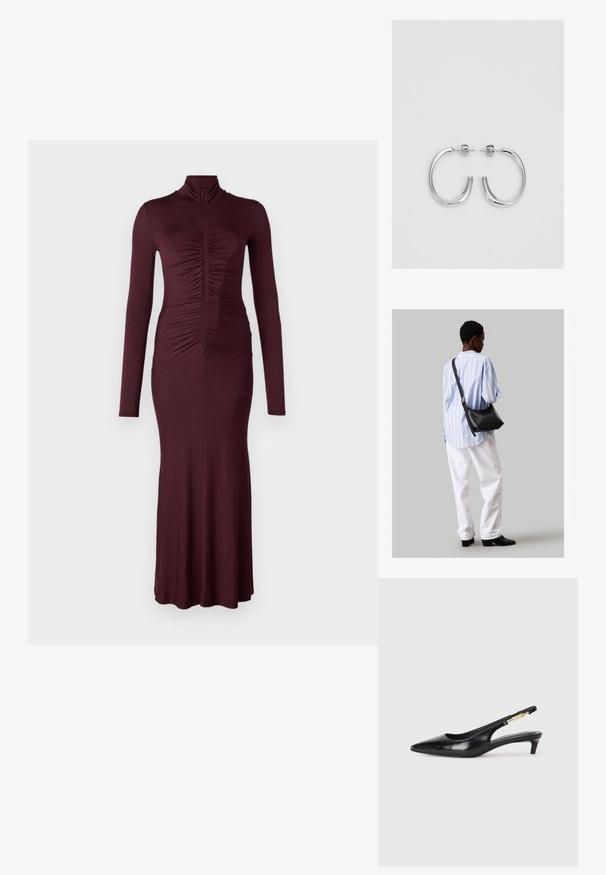 Burgunderfarbenes Langarmkleid mit Stehkragen, das an der Vorderseite mit einer gerafften Textur, einer figurnahen Silhouette und einem leicht ausgestellten Saum versehen ist.; Schwarze Leder-Slingback-Pumps mit spitzem Schuhblatt, ausgestattet mit einem schlanken Absatz und einem goldfarbigen Akzent am verstellbaren Riemen. Glatte Textur.; Schwarze Leder-Umhängetasche mit weicher Textur, dreieckiger Form und verstellbarem Tragegurt, kombiniert mit einem hellblauen gestreiften Hemd und weißen Hosen.; Silberne Creolen mit einer glatten, glänzenden Oberfläche. Abgerundete Form, leichtes Design, mit einer Steckverschluss.