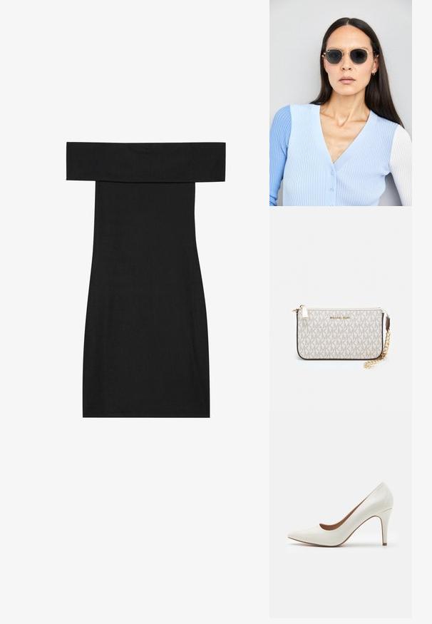 Črna obleka brez naramnic, izdelana iz rebraste tkanine. Oblikovanje vključuje prilegajoč obliko in ravno rob, kar poudarja gladko teksturo.; Bela lakirana usnjena čevlja z visoko peto in ostrim nosom ter gladko površino, ki ima vitko peto in nizek izrez okoli odprtine.; Okrogle sončna očala s temnimi lečami in zlatimi okvirji. Model nosi svetlo modro, rebrasto jakno s gumbi in belimi rokavi v kontrastni barvi.; Michael Kors denarnica v bež lakiranem platnu z mišičnim vzorcem ponavljajočega se logotipa MK, z zlatim okovjem in snemljivo verižico.