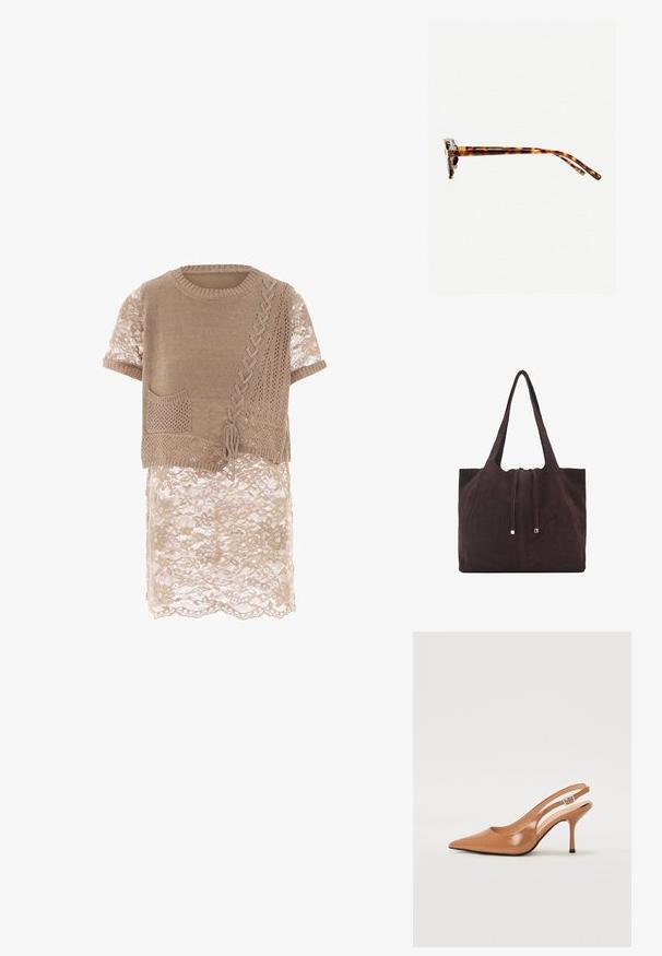 Beige neulottu paita lyhyillä hihoilla, jossa on koristeellinen tasku, tekstuuri kuvioita ja pitsiyksityiskohta helmassa.; Korkokenkä, jossa on terävä kärki ja avonainen kanna, valmistettu sileästä, kiiltävästä ruskeasta materiaalista. Sisältää kaarevan leikkuun muotoilun ja hoikan stilettokannan. Hopeinen solkiyksityiskohta.; Kivimäisd värvi päikeseprillid paksu raamiga, kergelt kõverate templitega ja siledast tekstuurist. Omab klassikalist disaini läikiva viimistlusega.; Mango Shopping bag - dark brown
