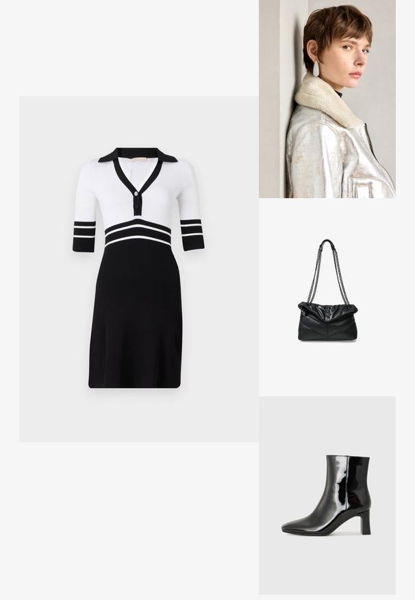 Abito a costine bianco e nero con colletto, maniche corte e chiusura a bottoni. Presenta strisce orizzontali nere in vita.; Stivaletto in pelle verniciata nera con punta a punta e tacco a blocco di altezza media. Texture liscia e design minimalista.; Steve Madden BBELZ - Borsa a tracolla - black; Giacca in pelle metallizzata argento con collare in shearling, dotata di chiusura zip e superficie texture. Orecchini a goccia grandi con gemme trasparenti.