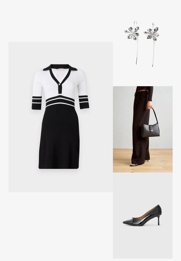 Czarna i biała sukienka dzianinowa z prążkowanej tkaniny, z kołnierzykiem, krótkimi rękawami i zapięciem na guziki. Posiada poziome czarne paski na talii.; Czarna lakierowana skórzana szpilka z ostrywnym noskiem, ozdobnym paskiem z przodu i cienką szpilką.; Czarna torebka o usztywnionym kształcie, gładkiej fakturze i metalowym zapięciem. Połączona z szerokimi czarnymi spodniami i sandałami na otwartym palcu na drewnianej podłodze.; Srebrne kolczyki w kształcie kwiatu z teksturowanym wykończeniem, z długimi haczykami i detalami przypominającymi płatki dla stworzenia skomplikowanego wzoru.