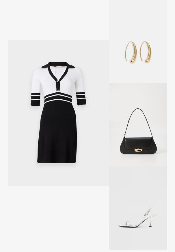 Svart og hvit ribbestrikket kjole med krage, korte ermer og knappelukking. Har horisontale svarte striper i midjen.; Sølv patentlær slingback høyhælt sandal med en smal tårem, justerbar spenne og en slank hæl.; Svart lærveske med en buet design, gullfarget hardware og et håndtak på toppen. Har en elegant lukking og glatt tekstur.; Gullfargede metalløredobber med en buet, forlenget form. Har en jevn, blank overflate og en avrundet tupp for ekstra detaljer.