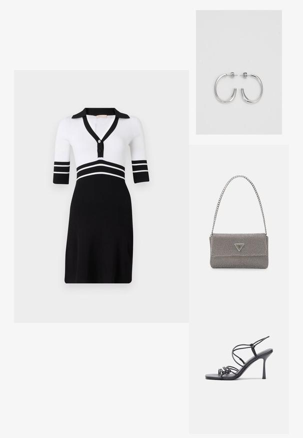 Fekete-fehér bordás kötött ruha gallérral, rövid ujjakkal és gombos zárással. Az öv körül vízszintes fekete csíkokkal rendelkezik.; Fekete magas sarkú szandálok vékony pántokkal, csomózott mintával, sima négyzetes orral és karcsú stiletto sarkal rendelkeznek.; Világosszürke fémes kézitáska lánc pánttal, kis kör alakú fém kifinomult díszítéssel és háromszög alakú márkagéppel.; Ezüst karika fülbevalók sima, fényes felülettel. Lekerekített forma, könnyű kialakítással, tűs zárómechanizmussal.