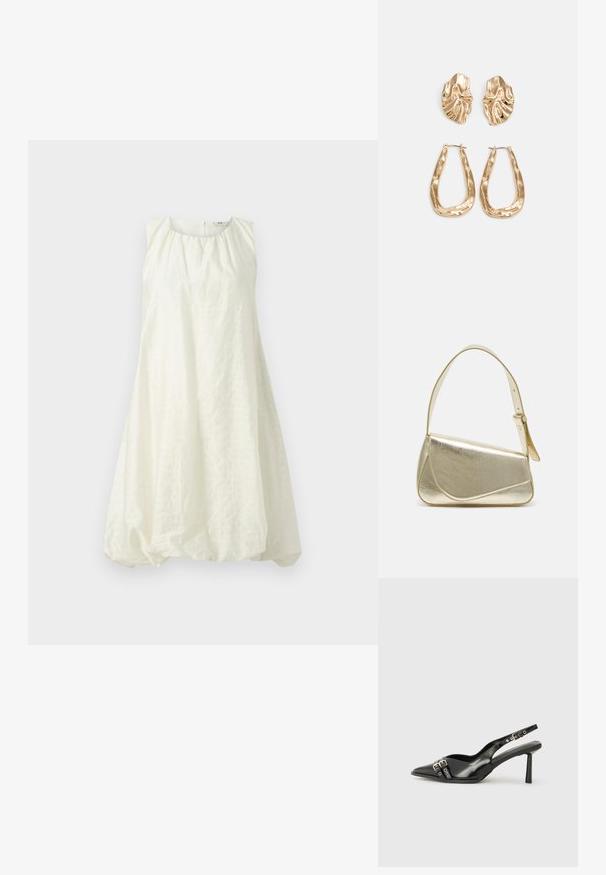 Fehér ujj nélküli ruha, begyűjtött nyakkivágással és laza, ballon-szerű fazonnal. Textúrált anyagból készült, térd fölé ér.; Fekete lakk bőr, hegyes orrú slingback cipő, boka pántokkal, ezüst csatokkal és hardverelemekkel, valamint karcsú sarkú.; Arany fémes kézi táska, strukturált dizájnnal, sima felülettel és állítható pánttal. Egyedi háromszög alakú, minimalistának mondható varrásokkal rendelkezik.; Aranyszínű fülbevalók, texturált, hullámos formákkal. Tartalmazza a szobrászati klipszes studokat és az open hoop kialakítást, kalapácsos felülettel.