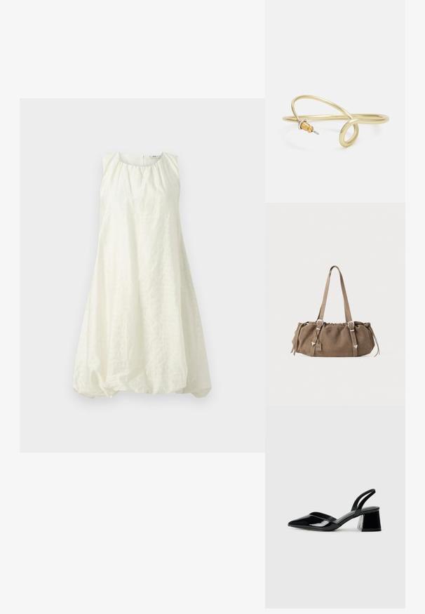 Balta be rankovių suknelė su susiraukšlėjusiu apykakle ir laisvu, balioną primenančiu siluetu. Pagaminta iš tekstūrinės medžiagos, ji siekia virš kelių.; Juodos lakuotos odinės šlepetės su smailiu pirštu ir geometriniu bloko kulnu. Turi elegantišką, minimalistinį dizainą ir lygų paviršių.; Ruda zamšinė rankinė su susirinkusia viršūne, sidabro spalvos detalėmis ir dviem petinėmis rankenomis. Ypatybė - stačiakampis forma ir minimalus dizainas.; Auksinės spalvos metalinė apyrankė su skysčiu, kreipiančiu dizainu. Viename gale yra mažas, išsiskiriantis, sidabrinės spalvos akcentas.