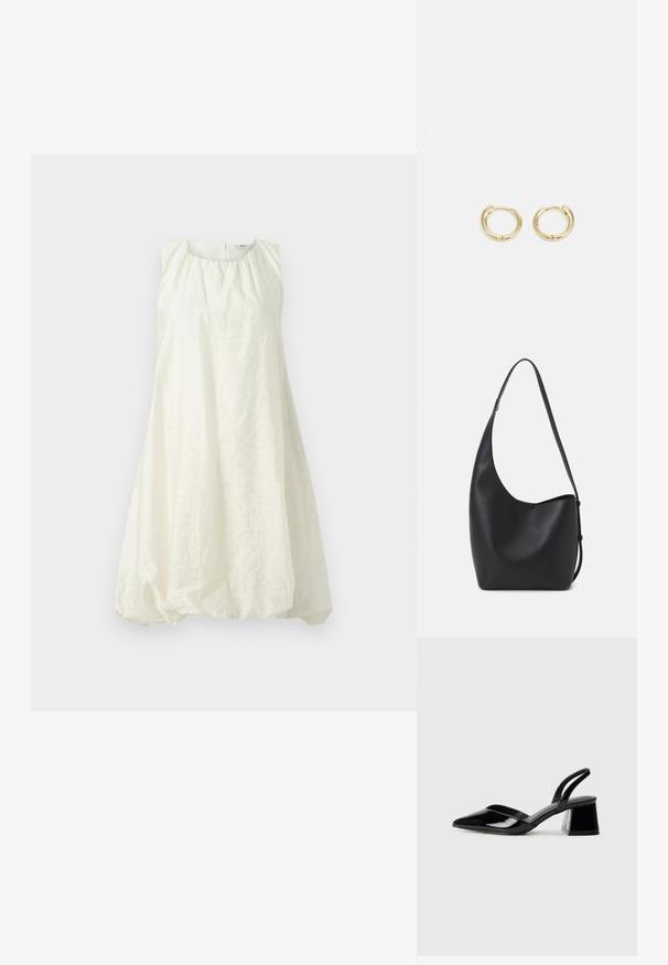 Valkoinen hihaton mekko, jossa on rypistetty pääntie ja löysä, ilmapallonomainen muoto. Valmistettu teksturoidusta kankaasta, se ulottuu polven ylle.; Mustat patentoitu nahkakengät, joissa on säären takaosa ja terävä kärki, sekä geometrinen palikkakorko. Sisältää tyylikkään, minimalistisen muotoilun ja sileän pinnan.; Musta nahkainen hobo-laukku, jossa on sileä pinta, kaareva muoto ja yksi säädettävä olkahihna; sisäänkäynti on leveä ylhäältä.; Kultaketjuveljet, joissa on sileä ja pyöristetty muotoilu. Varustettu pienellä saranalukolla, kevyen näköinen ja kiiltävä pinta.