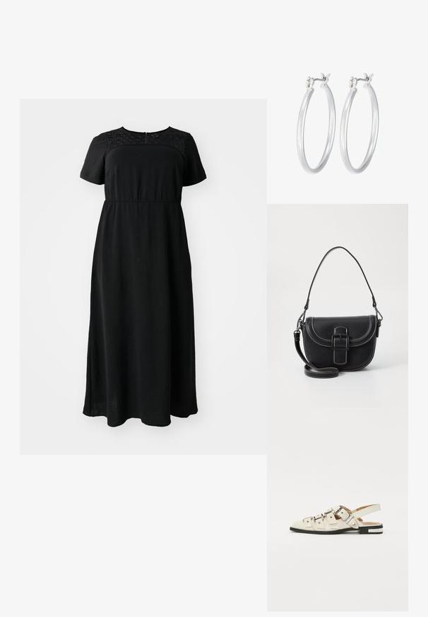 Zwarte maxi-jurk met korte mouwen, met kantdetail bij het lijfje, ronde halslijn en een gerimpelde taille voor een ontspannen pasvorm.; Slingback sandalen van wit leer met meerdere brede banden en zilveren gespen; platte zool met een kleine zwarte hak en metalen accenten.; Zwarte leren schoudertas met een gebogen ontwerp, opvallende sluiting met gesp en witte stiksels. Inclusief verstelbare schouderband.; Zilveren oorbellen in de vorm van een gladde, gepolijste ring. Ronde vorm met een veilige kliksluiting. Lichtgewicht ontwerp, geschikt voor dagelijks gebruik.