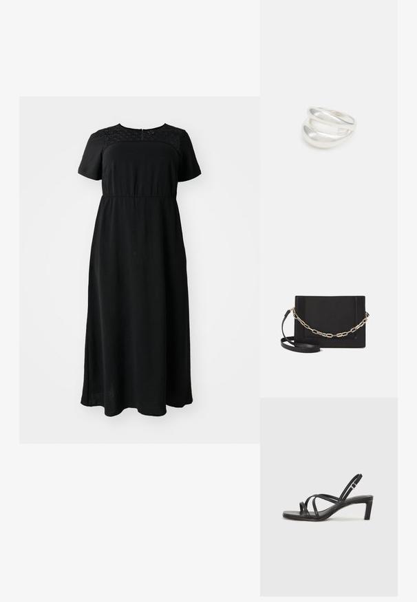 Vestido maxi negro con mangas cortas, que presenta detalles de encaje en el cuerpo, escote redondo y una cintura fruncida para un ajuste relajado.; Sandalia negra de tiras con punta cuadrada y tacón bajo de bloque. Presenta múltiples tiras delgadas y una correa ajustable en el tobillo. Fabricada en cuero suave.; Bolso cruzado de piel negra con textura suave, forma rectangular y un detalle de cadena metálica en el frente. Incluye una correa ajustable.; Anillo de plata de doble banda con una superficie lisa y pulida. Presenta un diseño fluido y curvado con secciones superpuestas para un aspecto moderno.