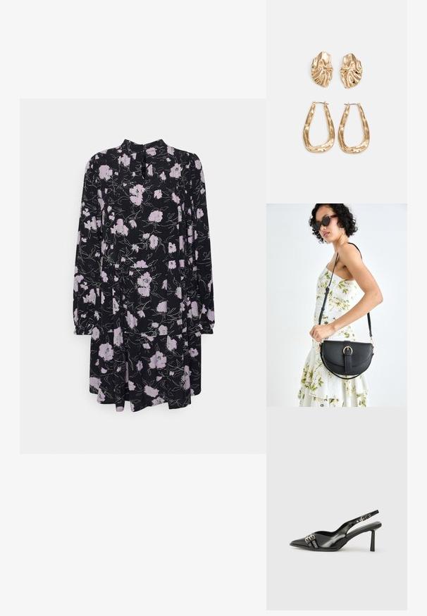 MSCH Copenhagen LORINA MOROCCO DRESS - Vestido de dia - black; Sapato slingback preto em pele patentada com bico apontado, tiras no tornozelo apresentando fivelas e acessórios prateados, e um salto elegante.; Bolsa de couro preta com forma curva, alça destacável e detalhes em dourado. A bolsa possui uma aba com detalhe de fivela.; Brincos em tom de ouro com formas onduladas e texturizadas. Inclui studs escultóricos com presilha e um design de argola aberta com um acabamento martelado.